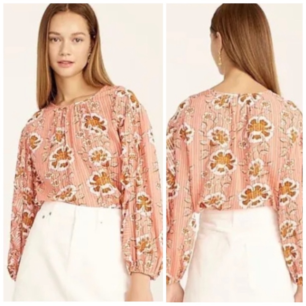 •J.CREW• Ruffle-Sleeve Gathered Neck Top Blouse Pink Climbing Floral Small BD787